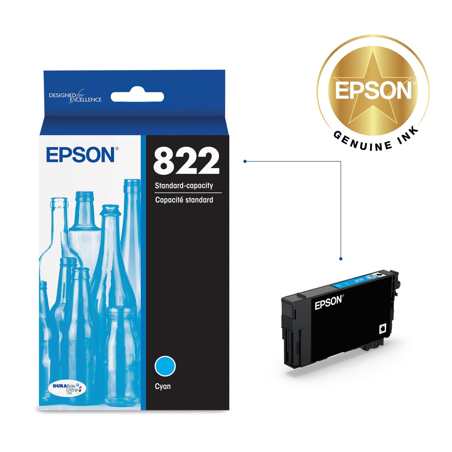 EPSON 822 DURABrite Ultra Ink Standard Capacity Cyan Cartridge (T822220-S) Works with WorkForce Pro WF-3820,3823, 4820, 4830, 4833, 4834