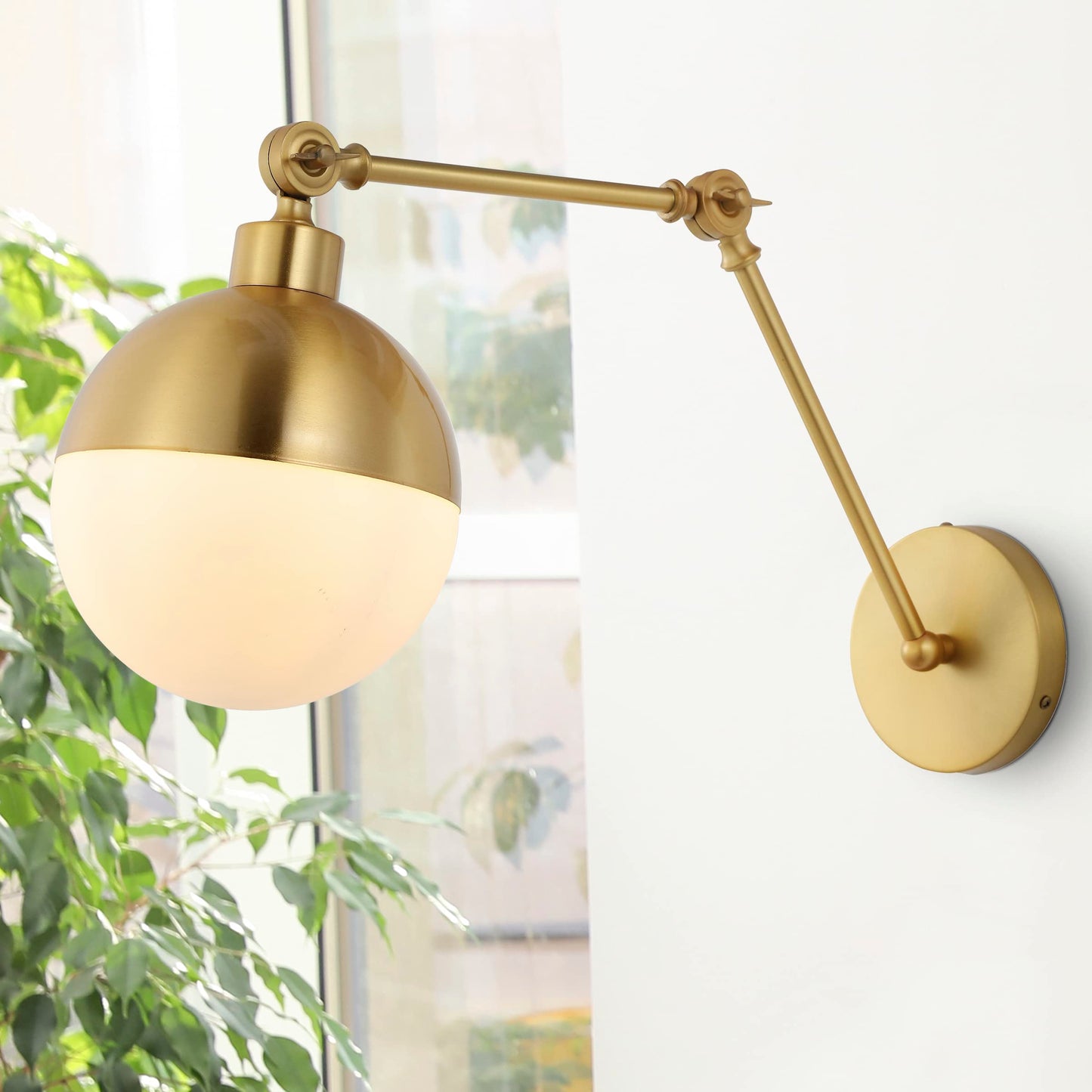 JONATHAN Y 12.5" Brass Gold 1-Light Iron and Glass Arm-Adjustable LED Sconce, Mid-Century Modern Art Deco Wall Lamp for Bedroom Living Room, LED Bulb