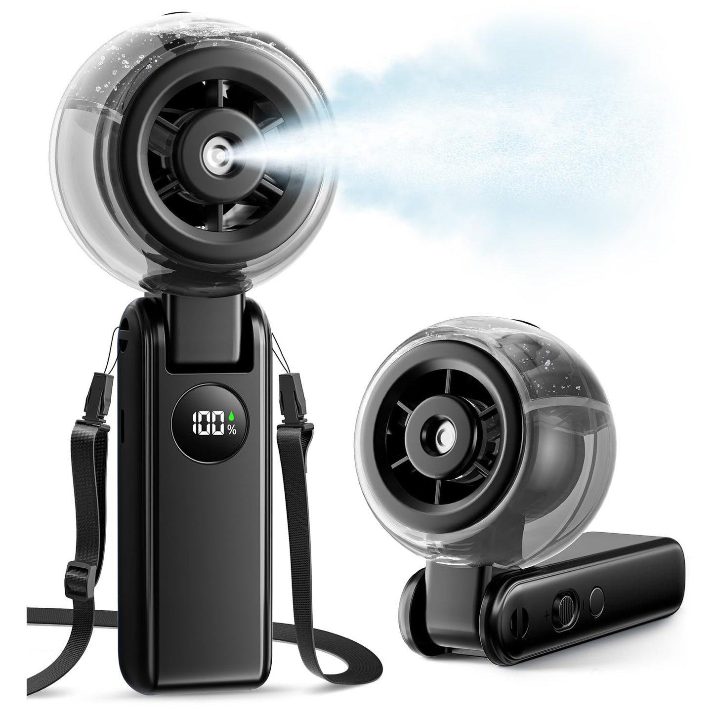 Handheld Misting Fan, 3-in-1 Foldable Cooling Portable Fan, 1-100 Stepless Speed, Desk & Neck Personal Fan for Outdoor (Black)