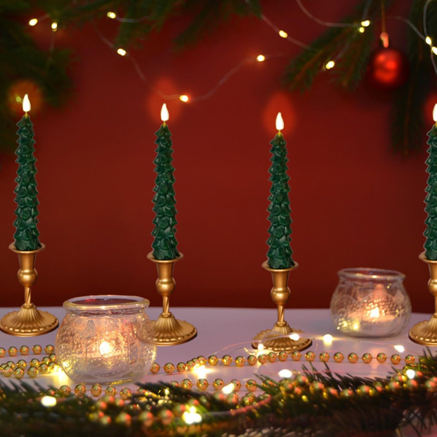 4 Pcs Christmas Tree Candles Decorations, Christmas LED Flameless Taper Candle with Remote Timer, Real Waxy Green Window Candle 3D Flame Wick for Home