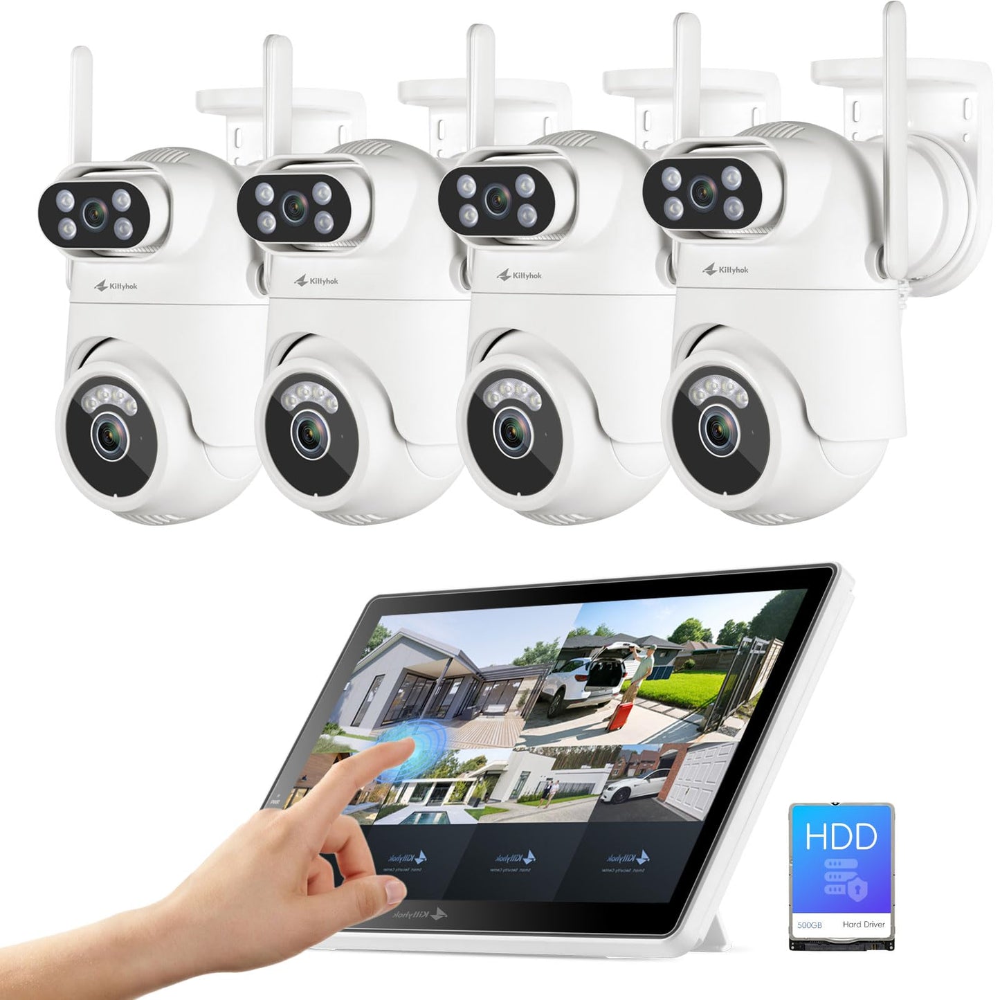 Wireless Security Camera System with 10" Touchscreen Monitor, Dual Lens 2K Security Cameras Wireless Outdoor with 2.4/5GHz WiFi, 360° PTZ, Auto