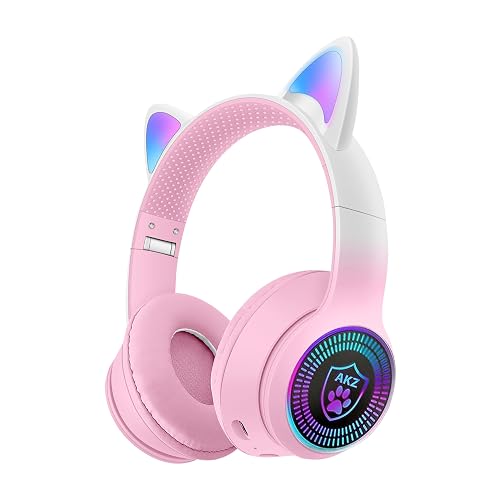 VIGROS Cat Ear Gaming Bluetooth 5.3 Wireless Foldable Headphones with LED Light, Stereo Game Surround Sound Over-Ear Headsets with Microphone AUX