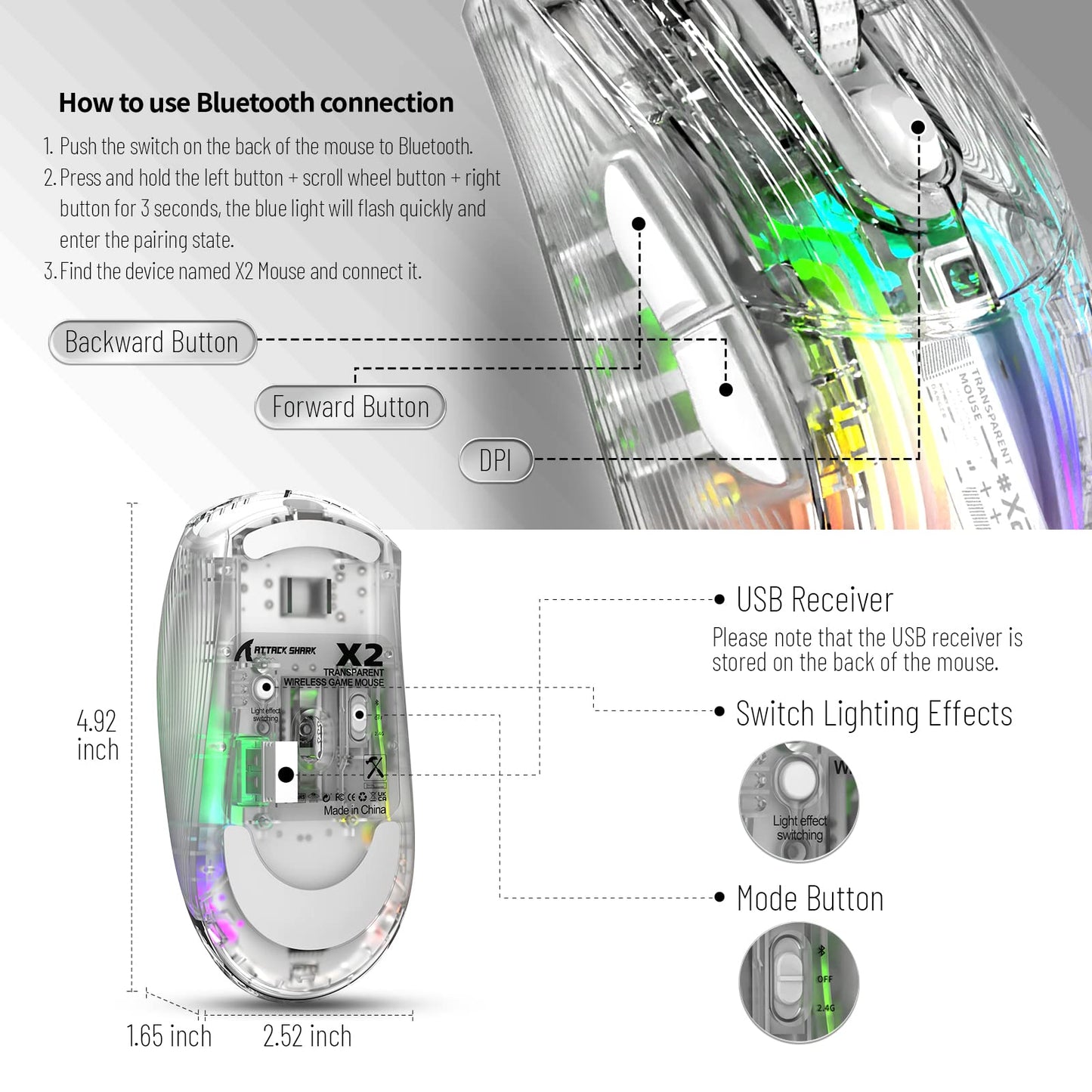 Wireless Gaming Mouse PC Transparent Shell Computer Mice with Dual mode BT5.0/2.4G,PixArt Chip 3D RGB Lighting,Ergonomic 7 Buttons,Rechargeable Mute