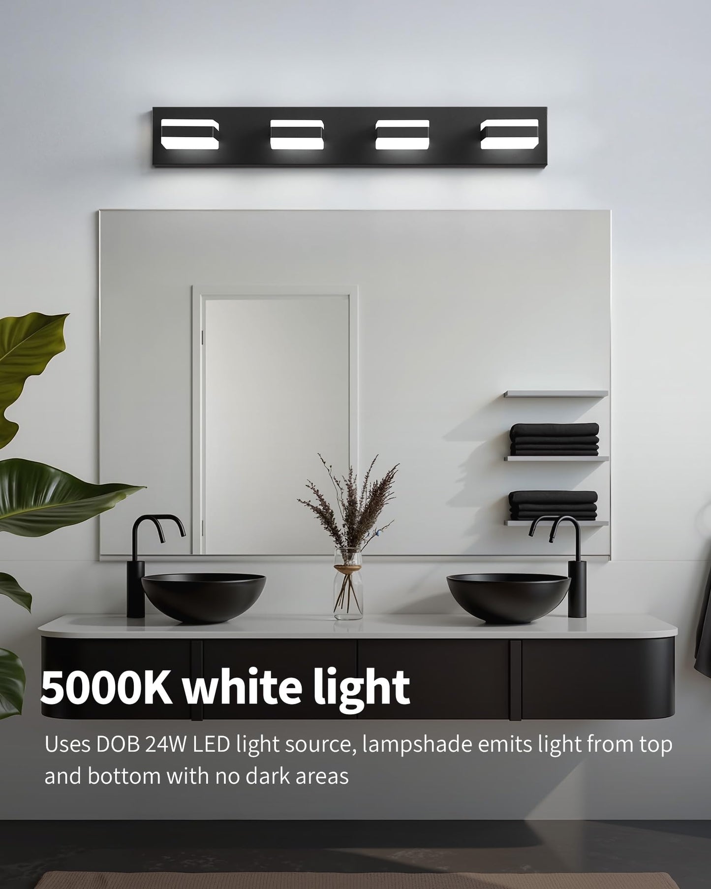 NEWSEE Bathroom Lighting Fixtures Over Mirror, 4 Light Bathroom Vanity Light Fixtures with Cool White 5000K, Matte Black LED Modern Vanity Wall Lights