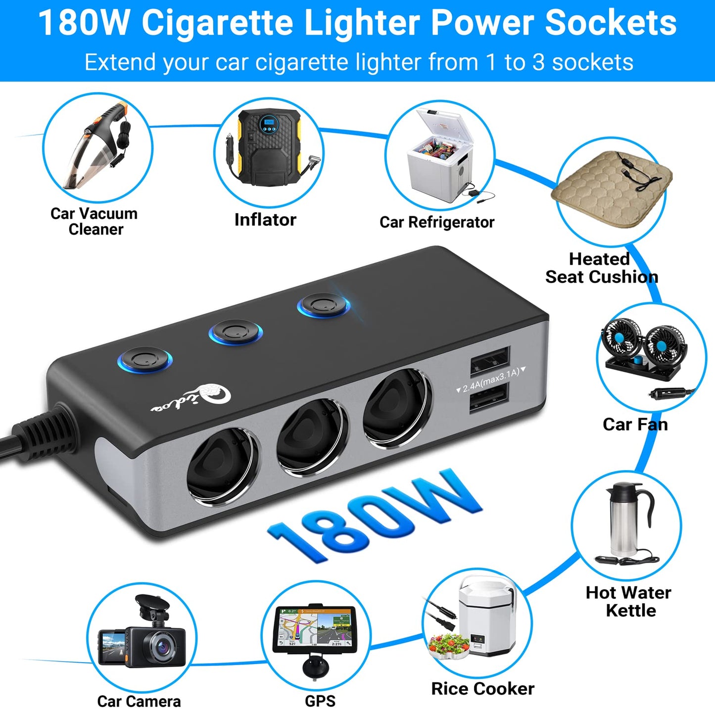 Quick Charge 3.0 Cigarette Lighter Splitter, Qidoe 3 Socket 180W Cigarette Lighter Adapter with 4 USB Fast Charging, DC 12V/24V Cigarette Outlet LED