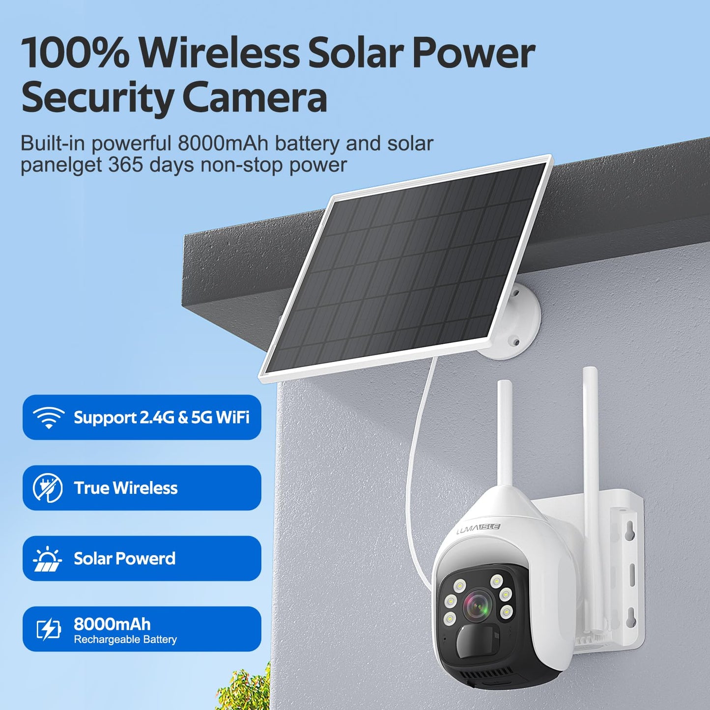 Solar Security Cameras Wireless Outdoor, 2K Pan/Tilt 360° WiFi Cameras for Home Security, Battery Powered Camera with Spotlights, Color Night