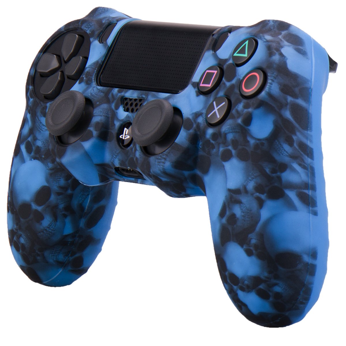 YoRHa Water Transfer Printing Skull Silicone Cover Skin Case for Sony PS4/slim/Pro Dualshock 4 Controller x 1(Blue) with Pro Thumb Grips x 8