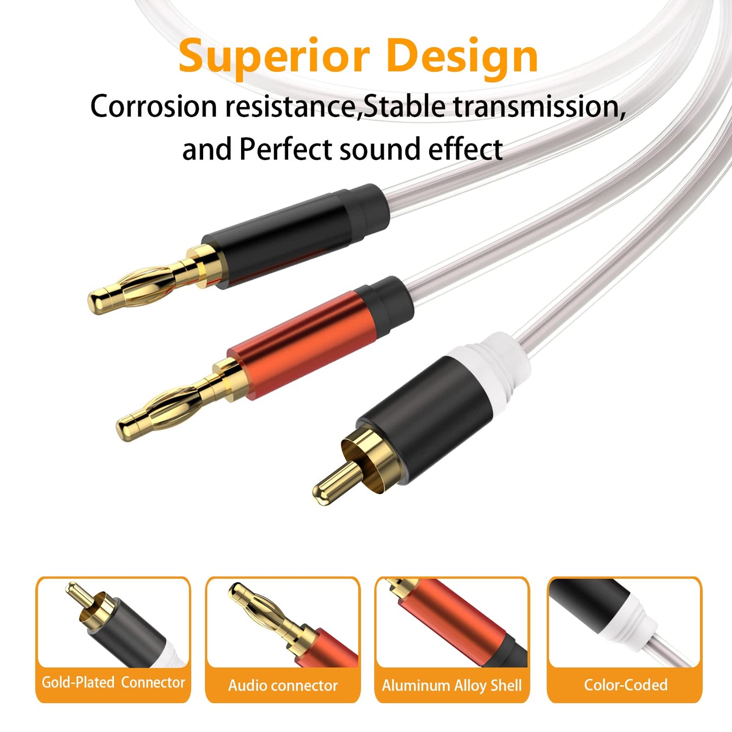 HOSONGIN RCA to Banana Plug Speaker Cable 3.3 Feet -2 Pack, Gold-Plated Dual-Shielding Hi-Fi Stereo Cable for Home