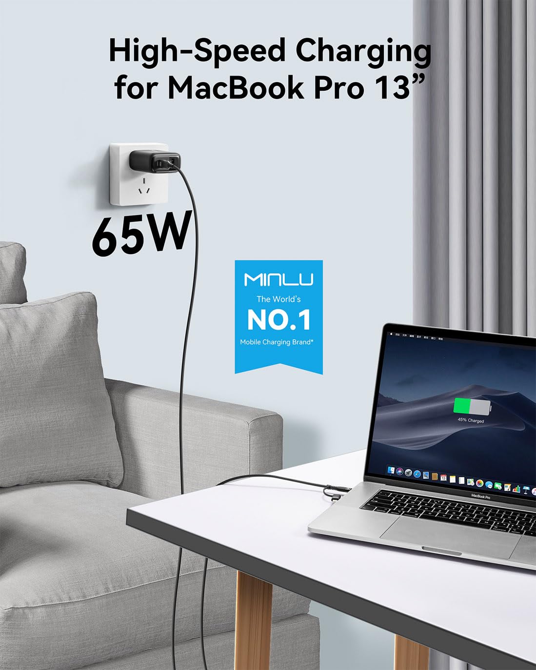 MINLU 65W USB C Charger Block,GaN 3-Port Compact Fast PPS Type C Wall Charger with 6Ft 100W 2 in 1 USB-C/L Cable,Fast Charging for MacBook