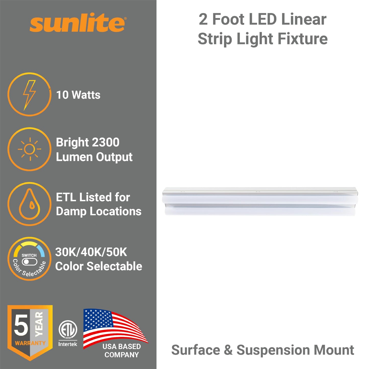 Sunlite 85552 2-Foot LED Linear Strip Light Fixture, 20 Watts, 2300 Lumens, Adjustable 3 CCT 3000K-5000K, Dimmable, 50,000 Hour Life Span, 83 CRI