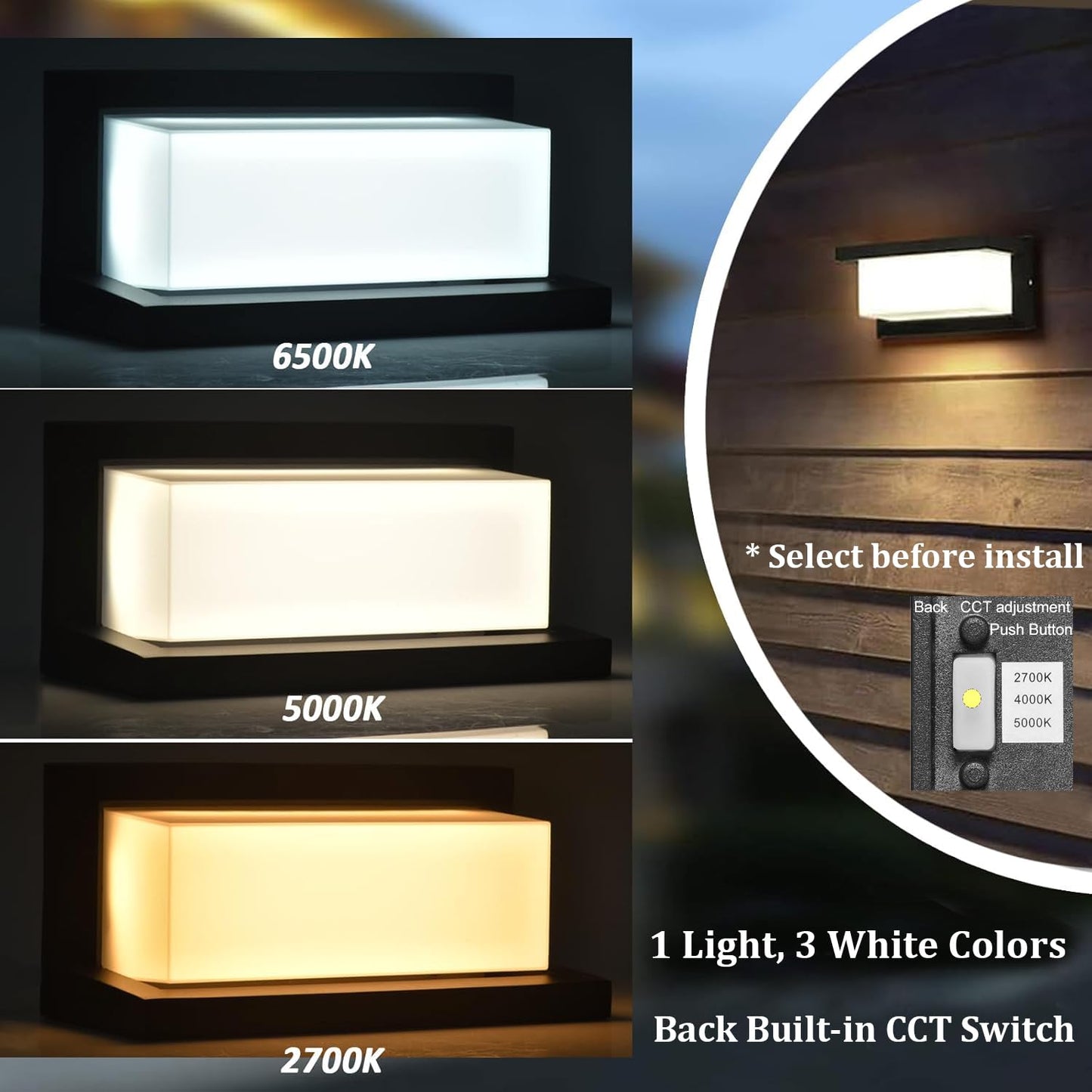 Outdoor Wall Sconce Lights 2 Pack Daylight, Modern LED Exterior Wall Light 1500LM, 3CCT Selectable 3000K 4000K 5000K, Waterproof Wall Mounted Light