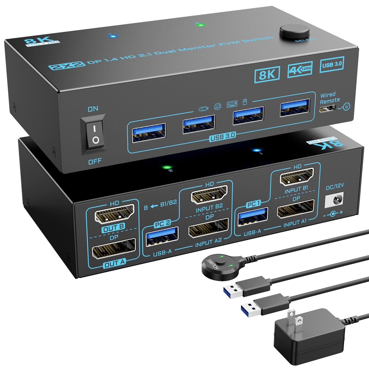 KVM Switch 2 Monitors 2 Computers 8K Displayport 1.4 and HDMI 2.1 Dual Monitor USB 3.0 2 IN 2 Out KVM Switch for 2 PCs Share 2 Screens Support Max