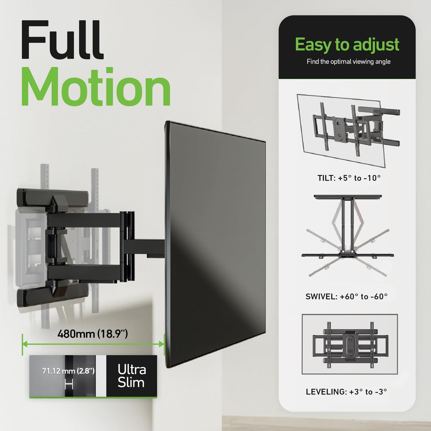 Heavy Duty Dual Arm Articulating TV Wall Mount Bracket for TCL Q Class | QM7 75QM751G 75 Inch TV - Tilt & Swivel with Reduced Glare