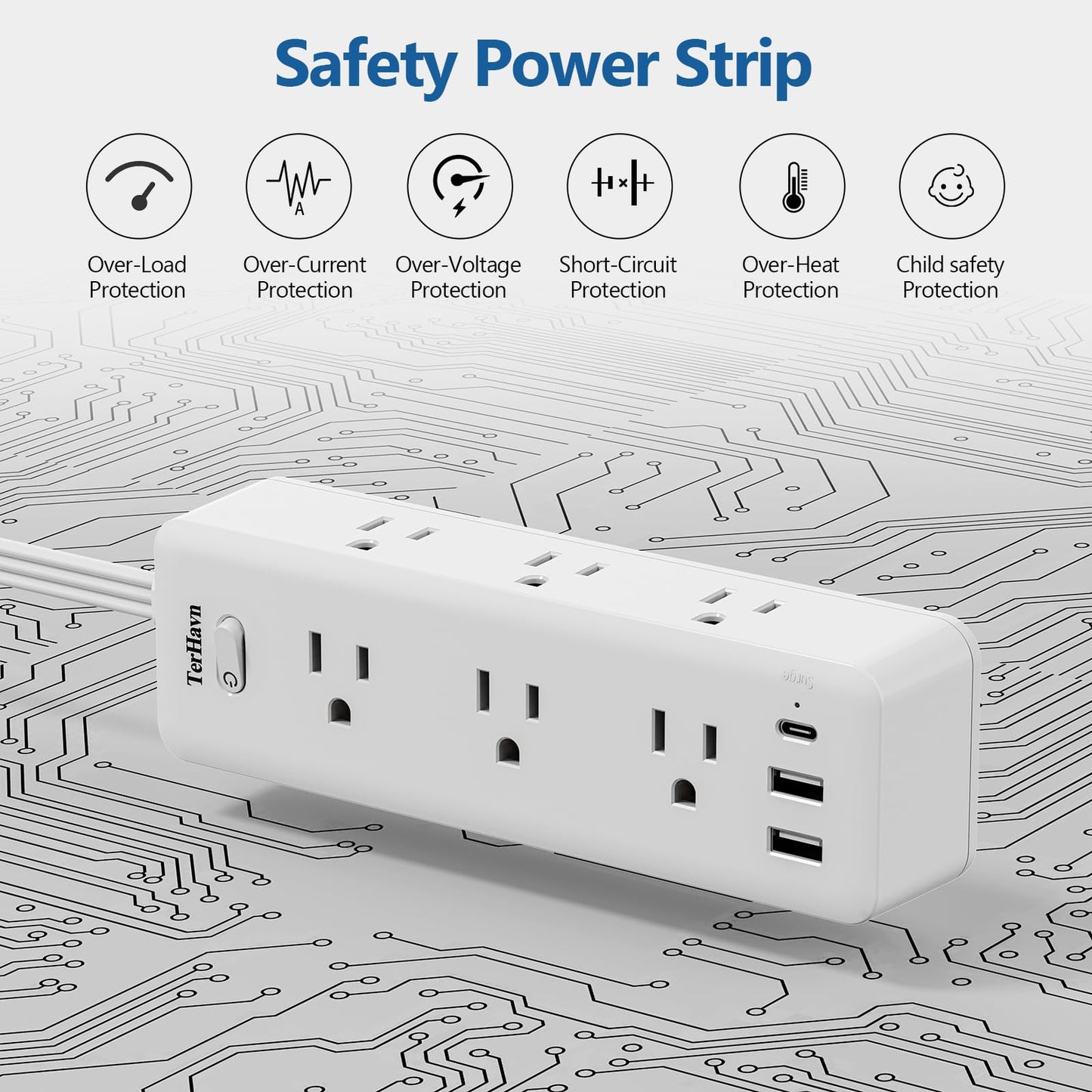 5 FT Extension Cord Flat Wall Plug, TerHavn Power Strip, 6 Outlet Extender with 3 USB (5V/3.4A 17W) Charging Ports, Power Strip with Surge Protector