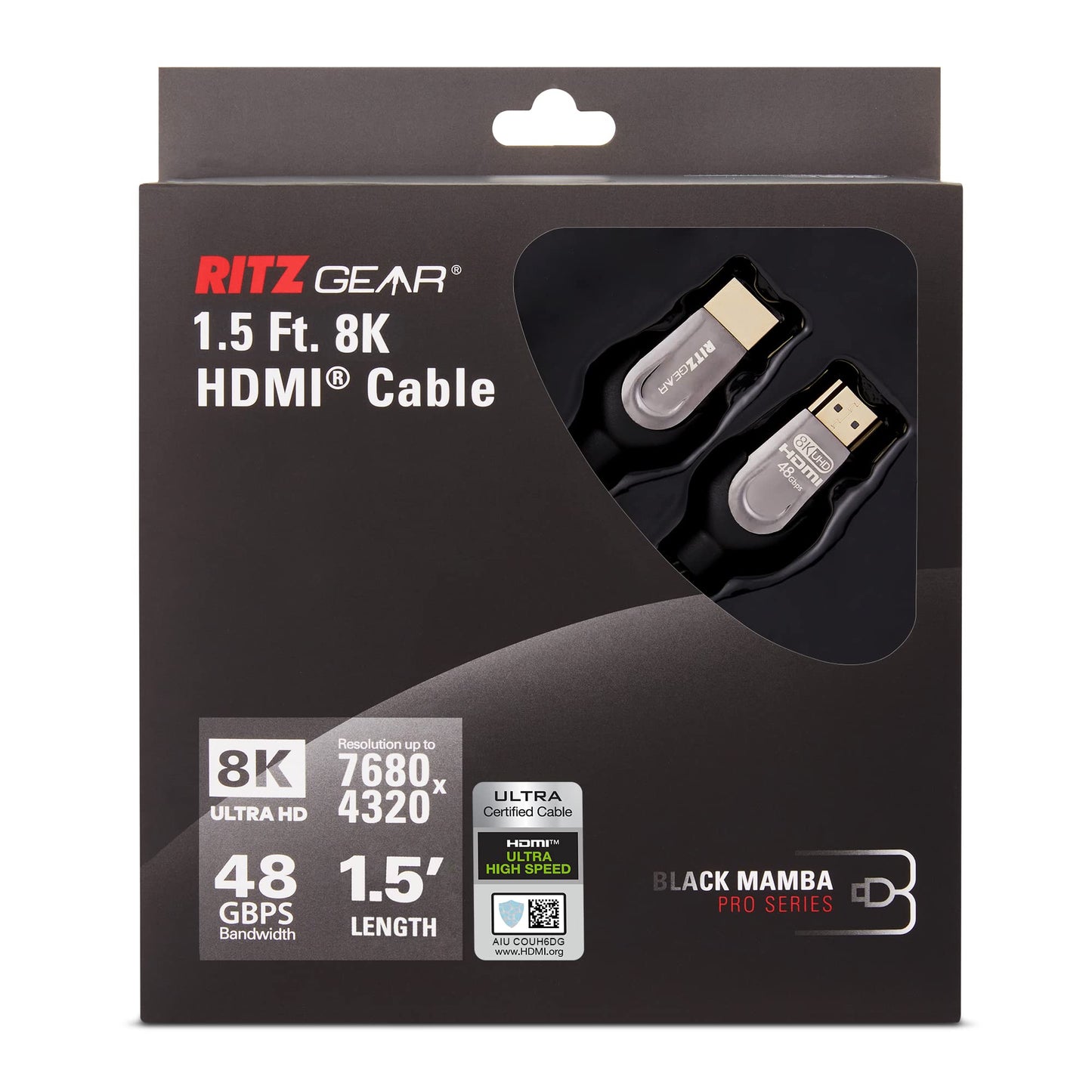 Ritz Gear 8K HDMI 2.1 Cable 1.5 ft. 48 Gbps Ultra High Speed Braided Nylon Cord & Gold Connectors - 10K/8K@60Hz UHD Video/4K@120Hz/4K@60Hz/2K/1080P.