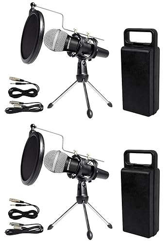 Rockville Podcasting Bundle: (2) RMC-XLR Metal Handheld Microphones, (2) RTMS21 Desktop Tripod Stands with Pop Filters, Shock Mounts, Cables, 4-Items