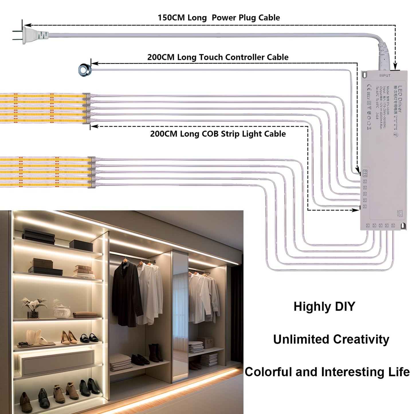 BENLUN 12V COB LED Under Cabinet Strip Lighting Kit 32.8ft, 4000K Natural White Cuttable LED Tape Lights 8W/M CRI 93 320LEDs/M with Dimmer and Power