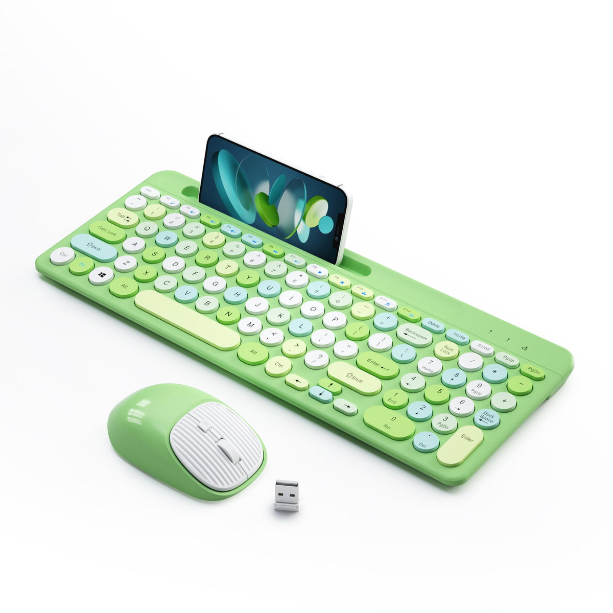 Retro Wireless Keyboard and Mouse Combo, Full-Size USB Keyboard with Round Keycaps, 2.4GHz Wireless for Desktop, Laptop and Computer (Green-Colorful)