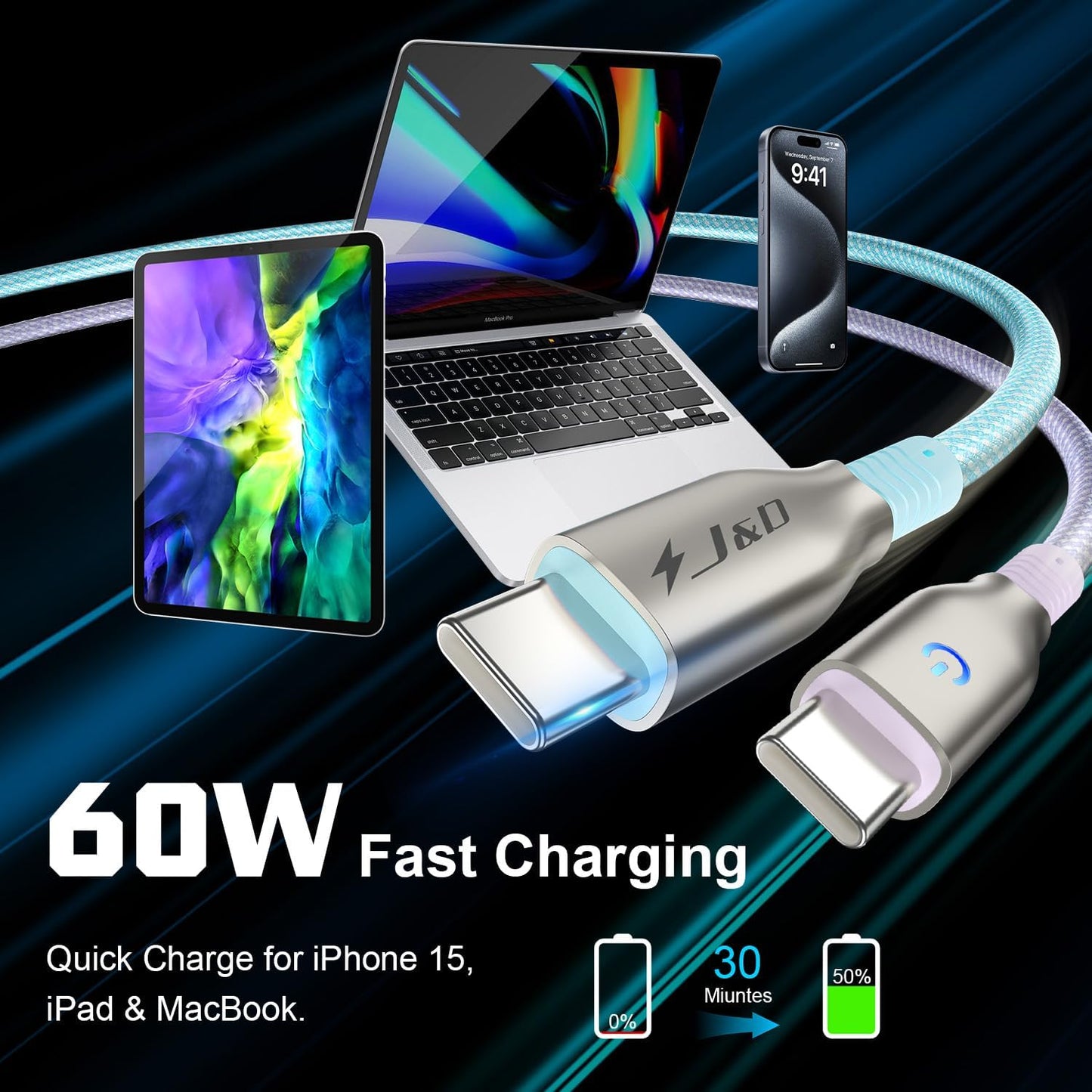 J&D USB C to USB C Cable, 2-Pack 6ft 60W Type C Fast Charging Nylon Braided Cable, Compatible with iPhone 16/15 Series, Samsung Galaxy S23, iPad Pro