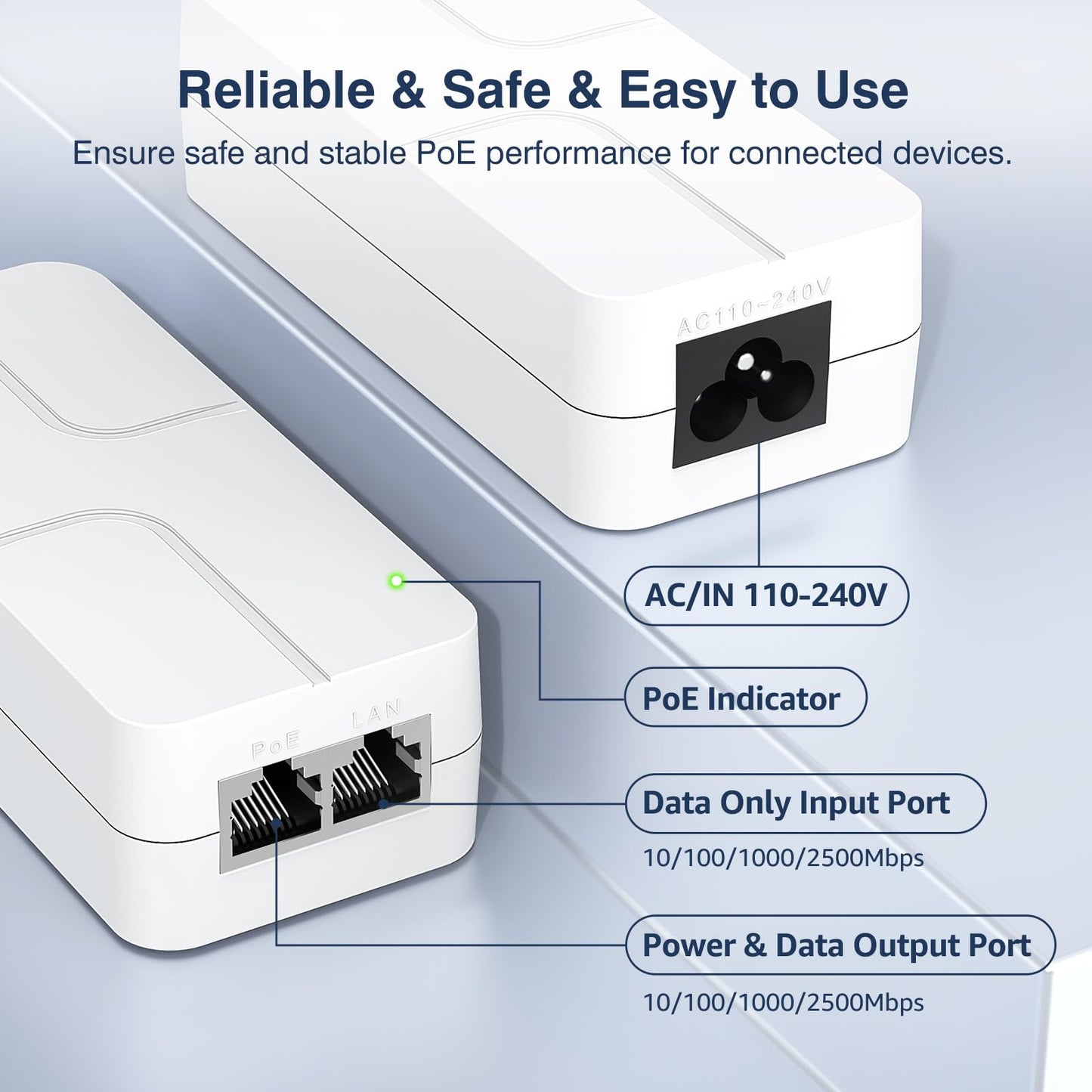 2.5Gb PoE+ Injector 30W, VunLink Single Port Power Over Ethernet Adapter, IEEE 802.3af/at, 10/100/1000/2500Mbps PoE+ Injector for IP Camera, WiFi