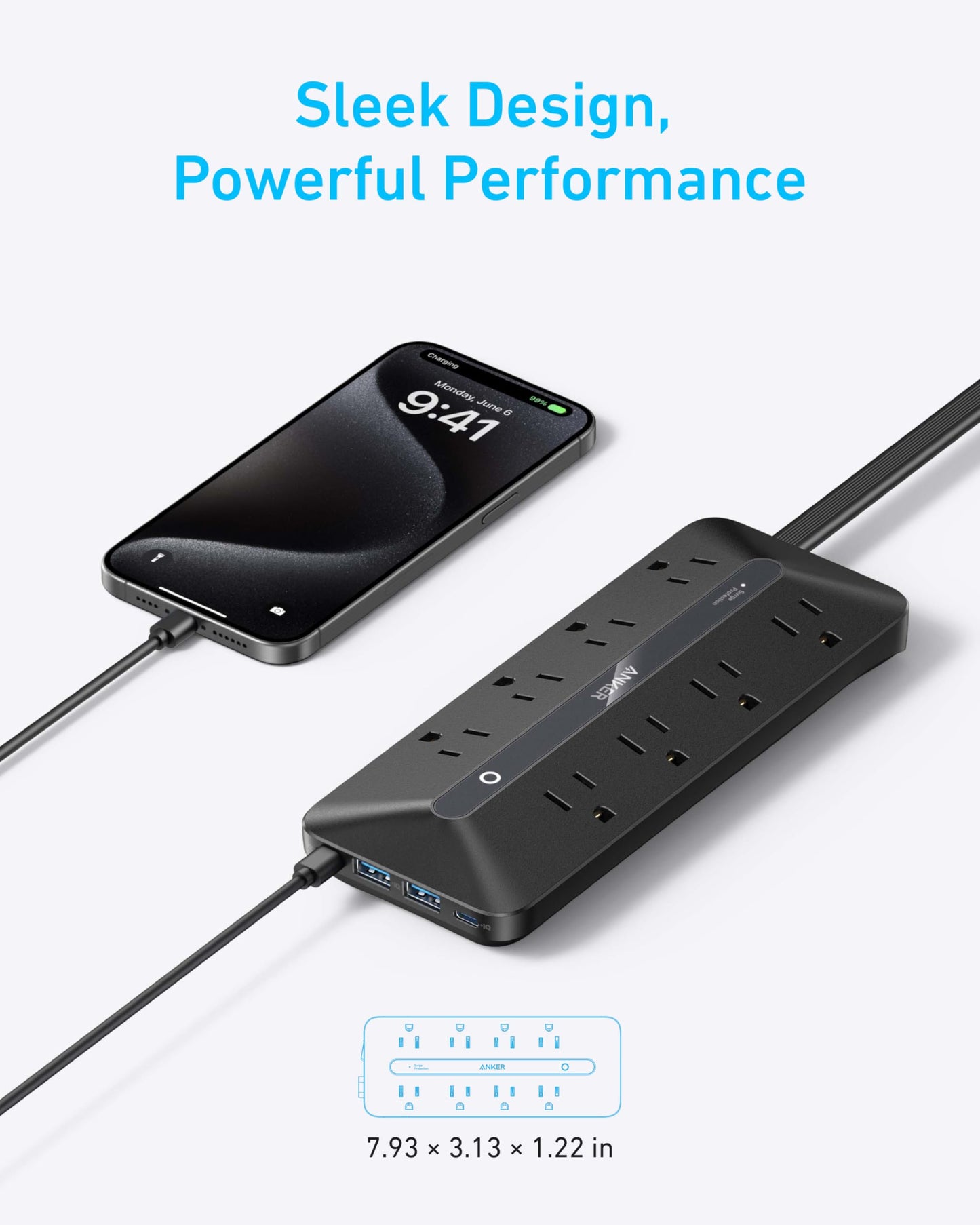 Anker Power Strip with 900J Surge Protector, Flat Plug Extension Cord with Multiple Outlets, 8 AC, 2 USB A & 2 USB C Ports for 35W Max, 5ft Outlet
