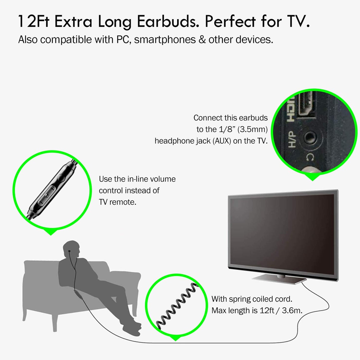 Extra Long Earbuds for TV & PC, with 12FT Spring Coiled Extension Cable, Volume Control & Mic, in-Ear Wired Headphones for 3.5mm Audio Output Devices