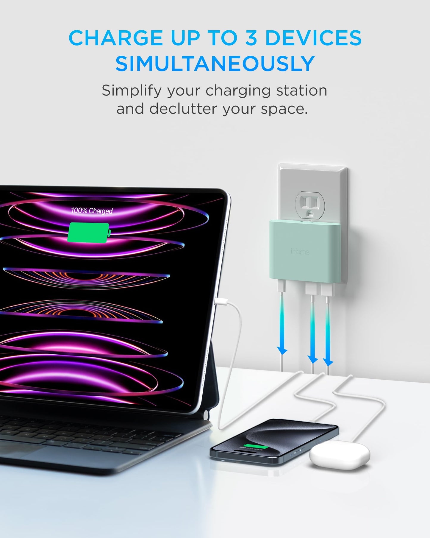 iHome 32W AC Pro Multi Port USB Wall Charger Block - Charging Station for Multiple Devices with 3 Ports (1 USB-C, 2 USB-A) - Fast Charging, Universal