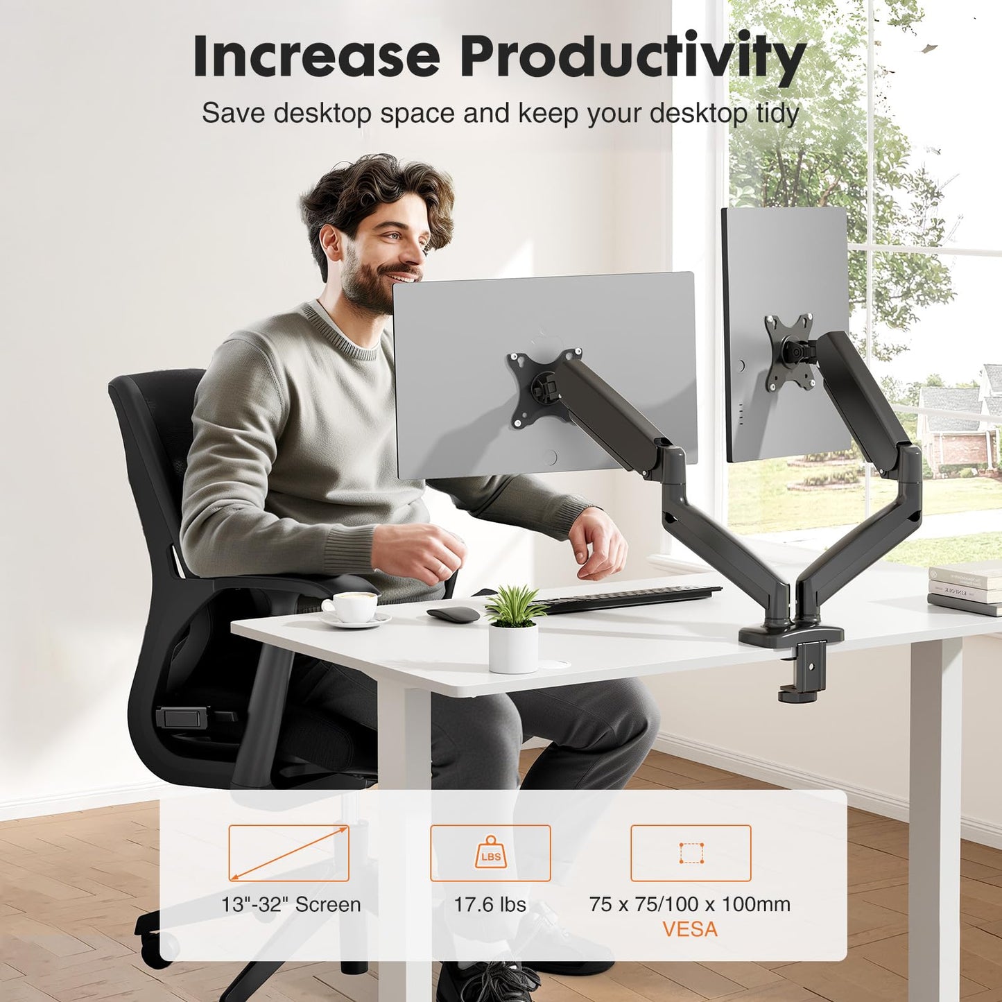 Simple Deluxe Dual Monitor Arm, Adjustable Monitor Stand Mount for 13" to 32" Display, Black