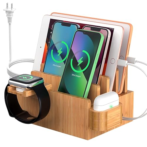 Pezin & Hulin Bamboo Charging Station for Multiple Devices with 5 Port USB Charger, 5 Cables, Watch&Earbuds Stand, Electronic Device Desktop Organizer
