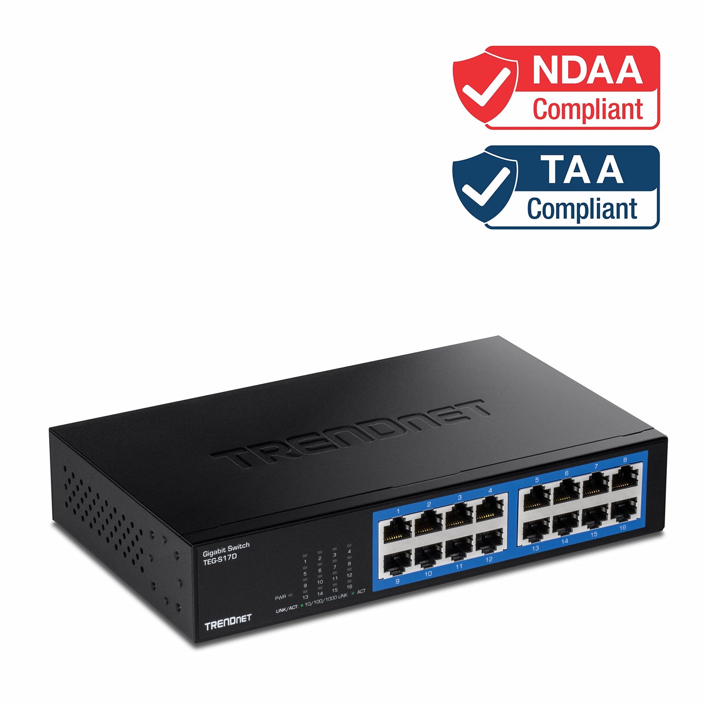 TRENDnet 16-Port Gigabit Desktop Switch, TEG-S17D, 16 x Gigabit RJ-45 Ports, 32Gbps Switching Capacity, Ethernet Splitter, NDAA & TAA Compliant