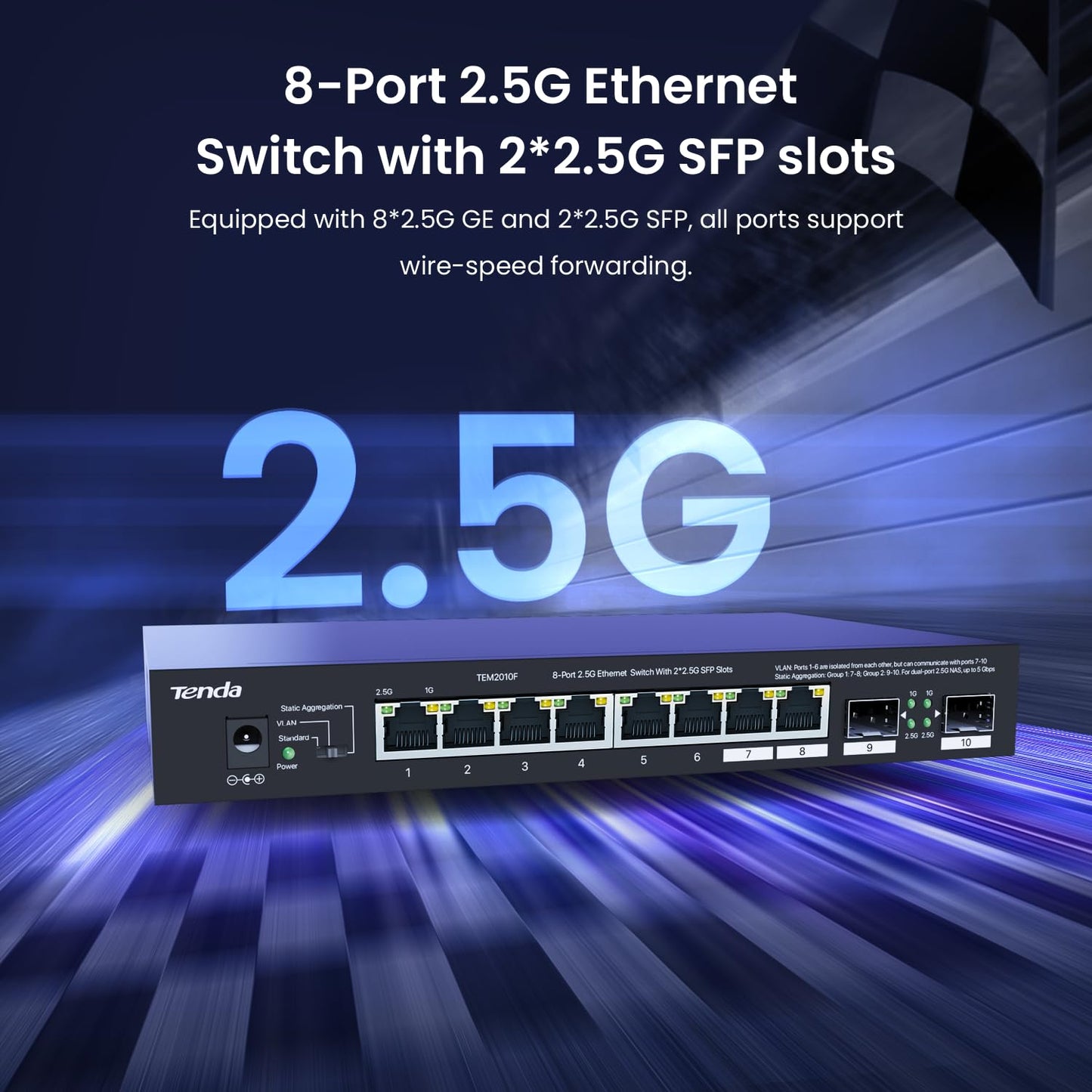 Tenda 2.5Gb Ethernet Switch | 10 Port 2.5G Network Switch | 8 x 2.5G Ports & 2 x 2.5G SFP+ | Plug & Play | Unmanaged Switch | Desktop/Wall-Mount |