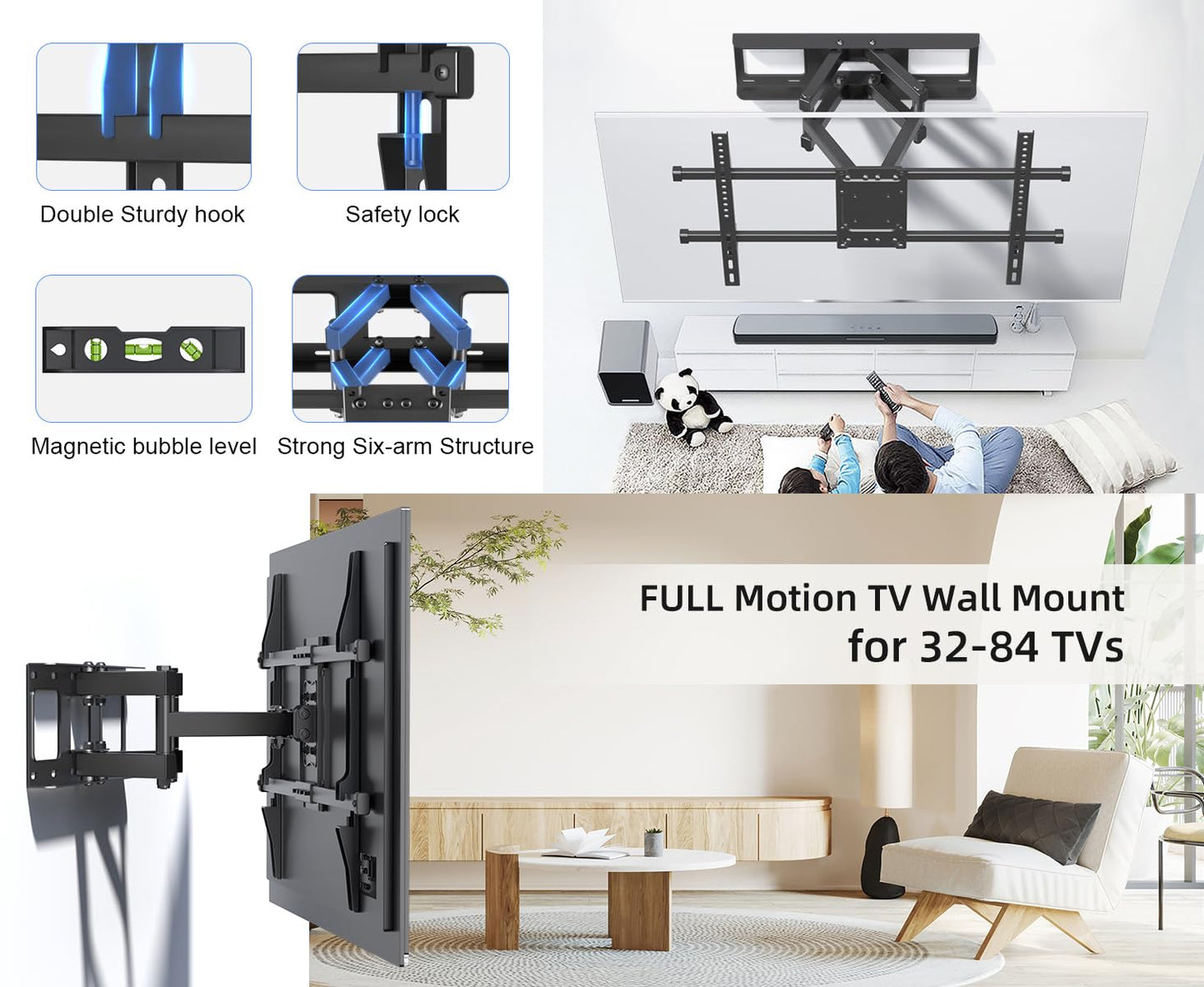 Aeons Heavy Duty Full Motion TV Wall Mount Bracket for Most 32-84 inch Flat Curved TVs with Swivel, Tilt, Extension, up to 132 lbs, Max VESA 600x400mm