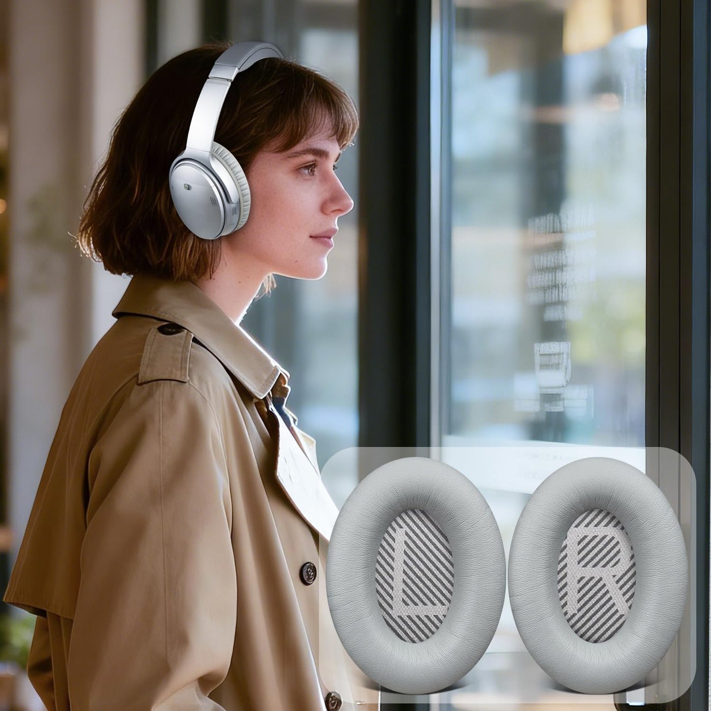 SoloWIT Earpads for Bose QC35/QC35 II Over-Ear Headphones, Softer Leather, Noise Isolation Foam - PL Silver