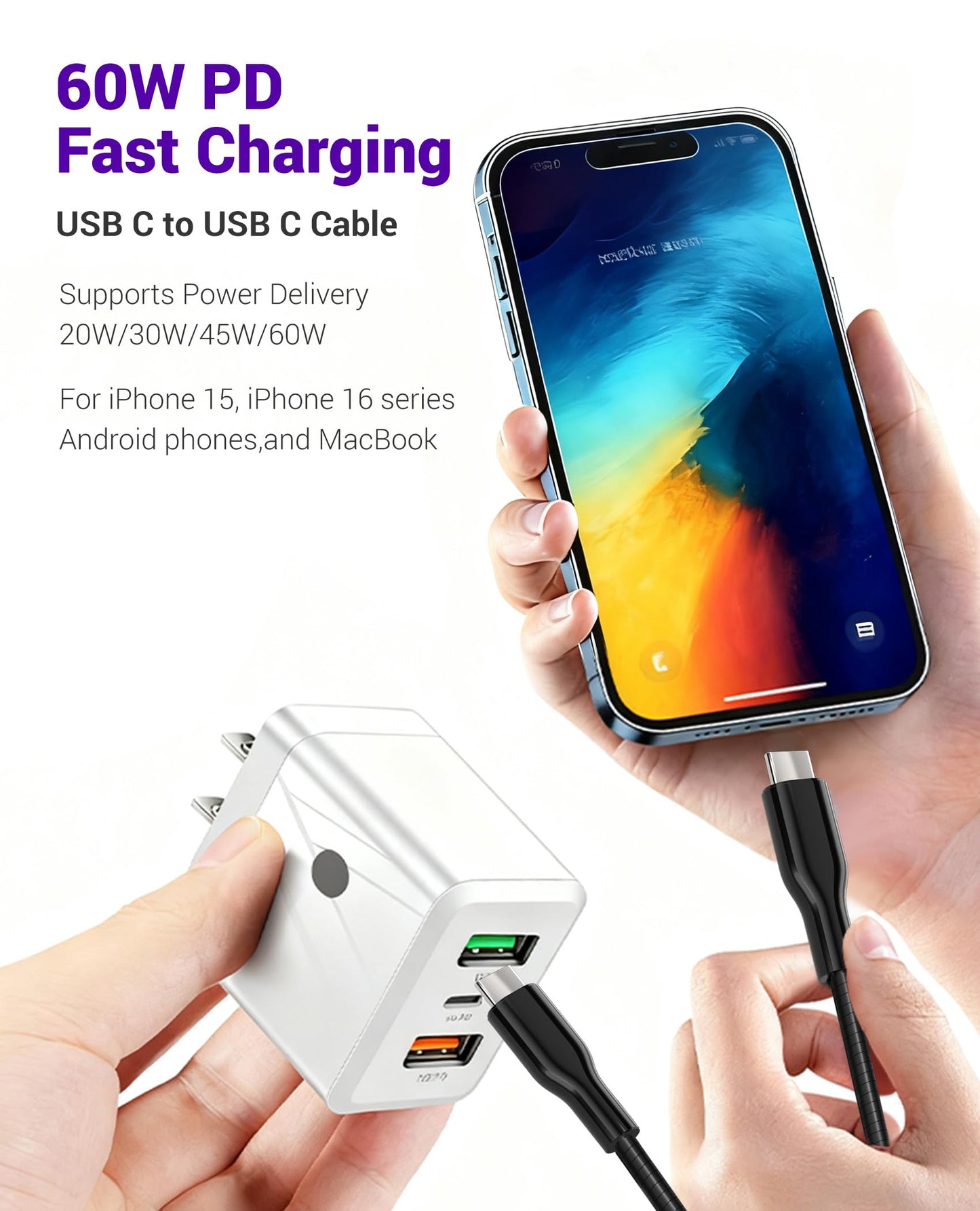 Metal USB C Cable Chew Proof Charging Cord, 6.6ft USB-C to USB-C Cord with PD 60W Fast Charging & Data Sync, Tangle-Free Dog Cat Chew Proof Phone