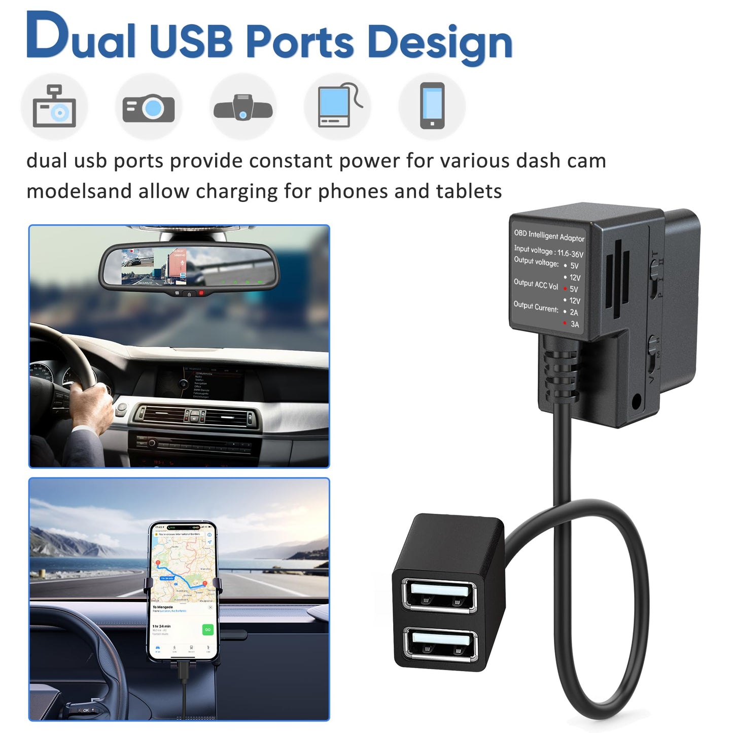XHQLZMLE OBD Power Cable for Dash Cam, OBD-II Power Adapter with Dual USB Ports, 24H Parking Mode, Low Voltage Protection, Compatible with Garmin Dash
