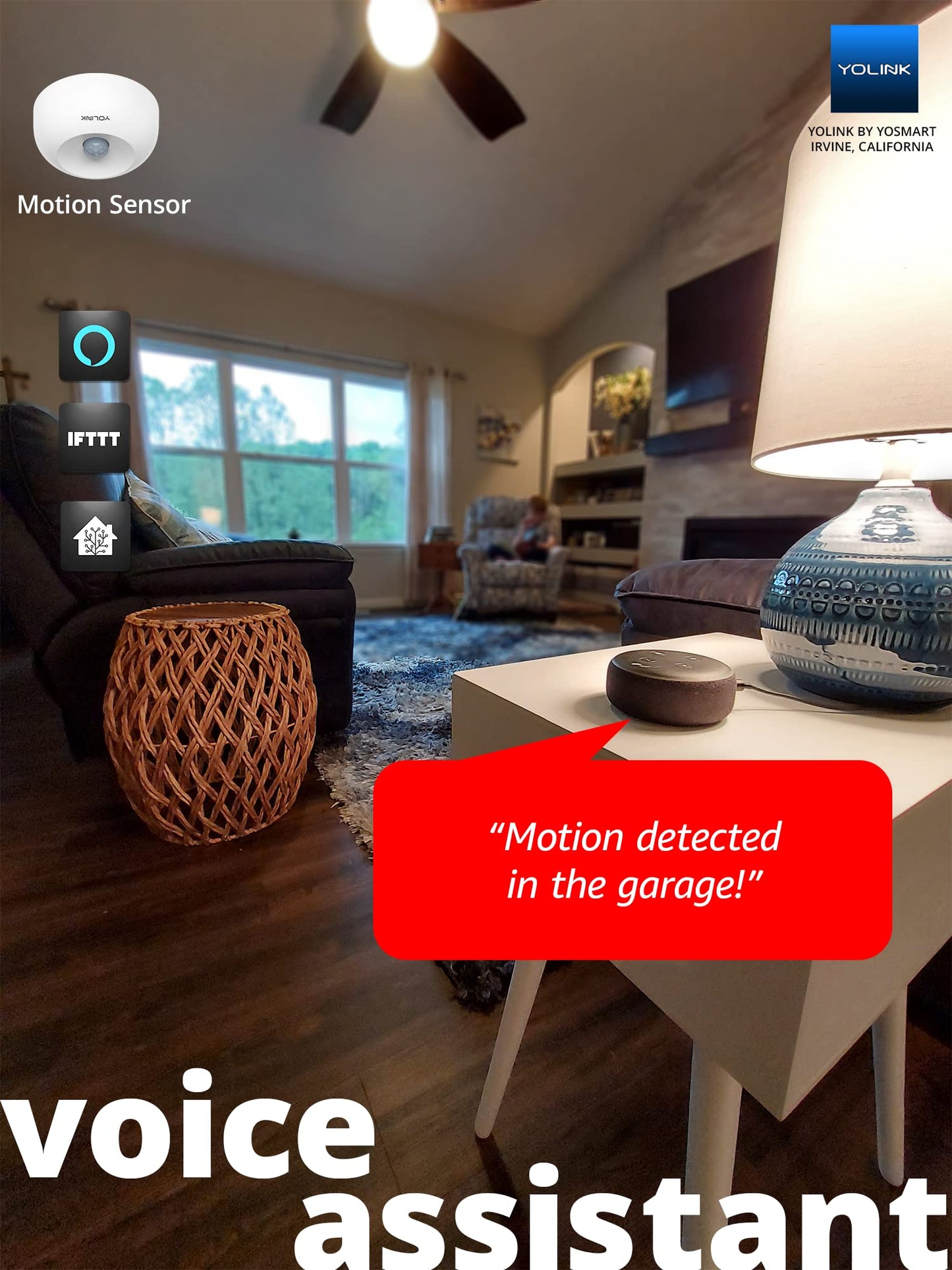 YoLink SpeakerHub & Two Motion Sensor Smart Home and Security Kit - Audio Hub Plays Tones/Sounds, Spoken Messages, LoRa-Powered ¼ Mile Range, WiFi