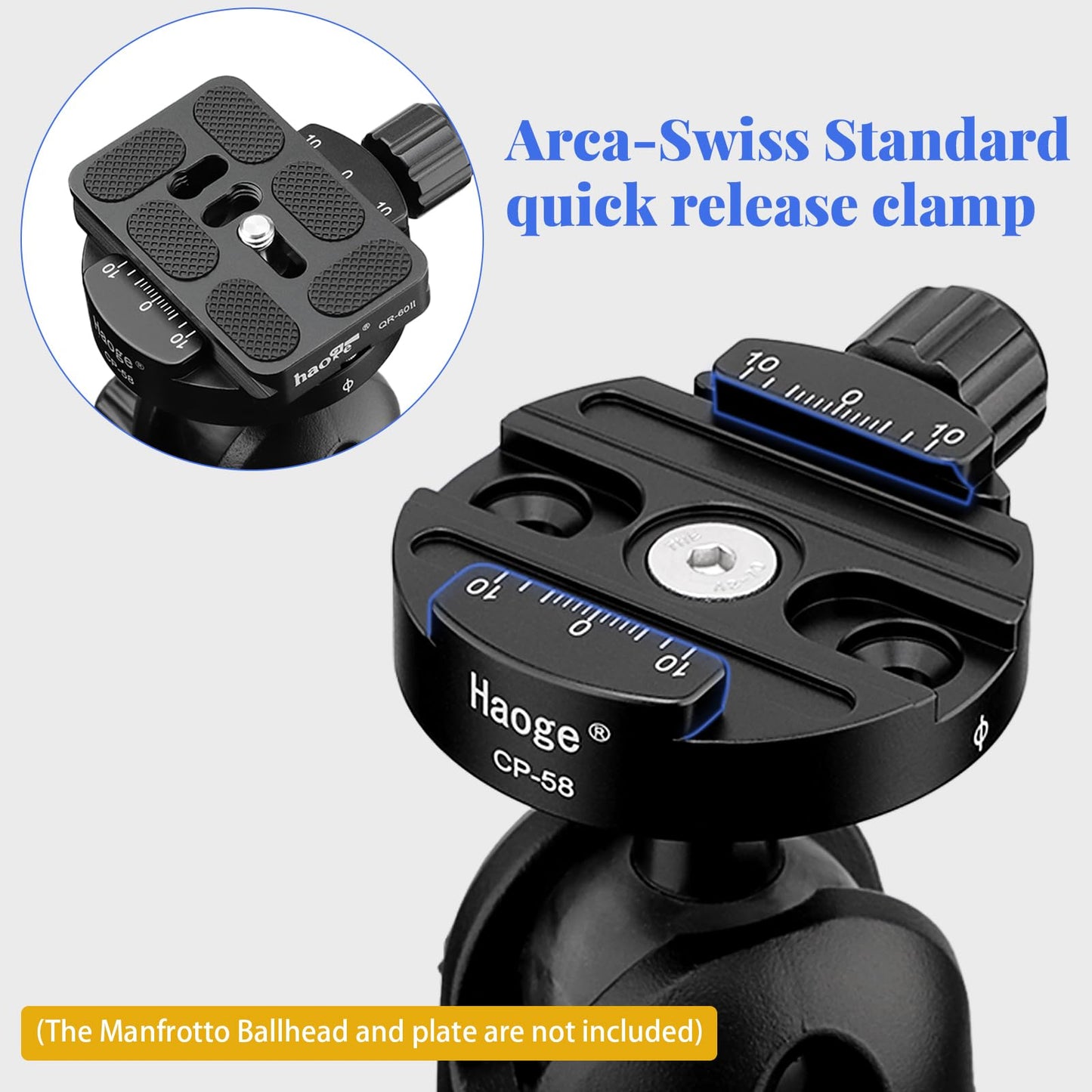 Haoge Female to Male Boss Adapter Convertor with 58mm Arca Swiss Compatible Quick Release Clamp for Manfrotto Tripod Ball Head Clamp Replacement