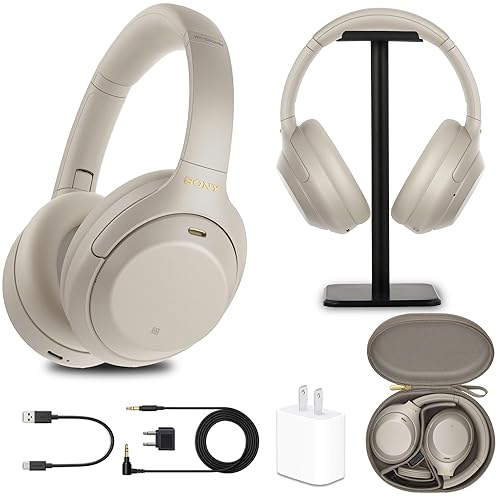 Sony WH-1000XM4 Wireless Noise-Canceling Over-Ear Headphones (Silver) with Mic for Phone-Call and Voice Control (WH1000XM4/S) + Headphone Stand + USB…