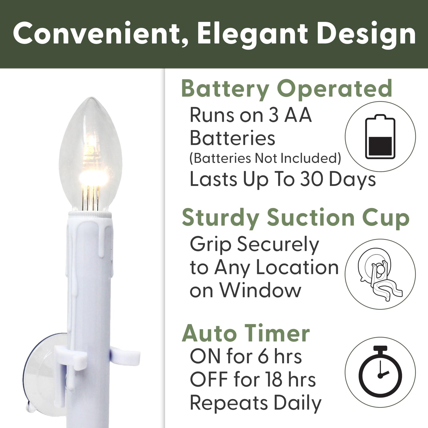 612 Vermont Ultra-Bright Battery Operated LED Window Candles with Timer and Suction Cups, Plastic Shatterproof Bulbs (VT-9134-R4-W, Pack of 4)