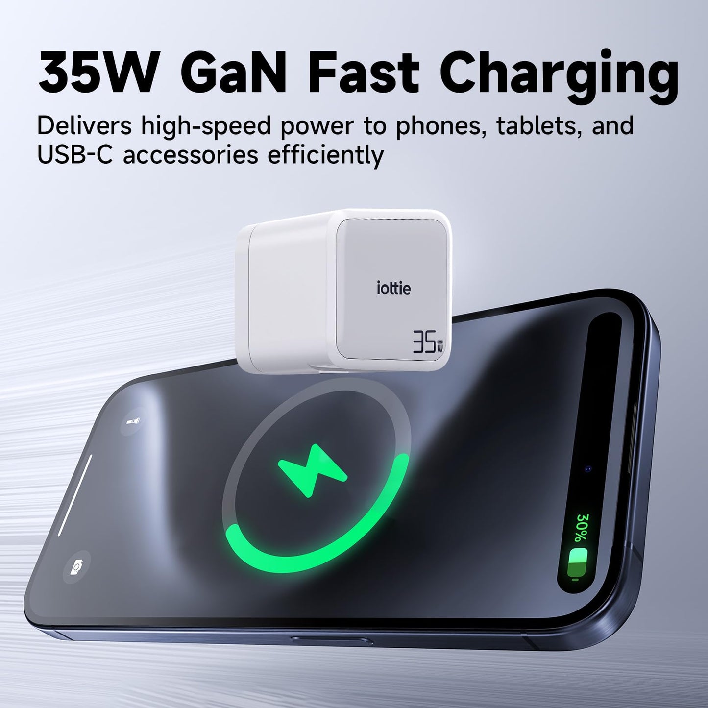 Basix by iOttie 35W GaN Wall Charger with Built-in Retractable USB-C Cable and Extra USB-C Port, Dual Device Fast Charging, Compact Travel Charger