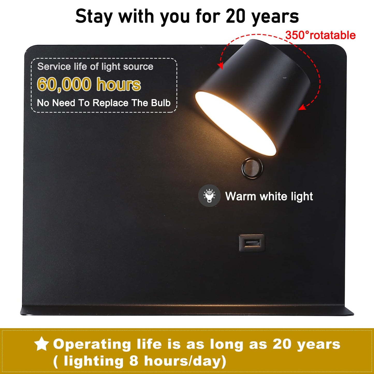 COSYLUX Modern LED Wall Sconce with Shelf, 2in1 Design Plug in & Hardwired Reading Wall Lamp for Bedroom Bedside, 6W,450lm,2700K Rotatable Wall Light