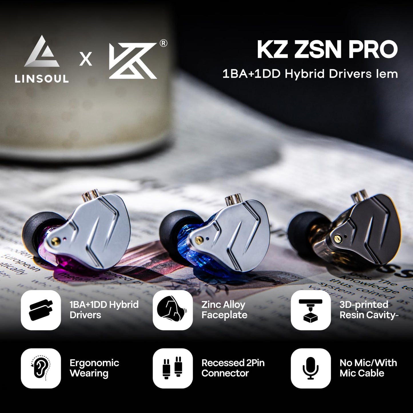 Linsoul KZ ZSN Pro Dual Driver 1BA+1DD Hybrid Metal Earphones HiFi in-Ear Monitor with Detachable Recessed 2Pin Cable, Zin Alloy Panel (Without Mic