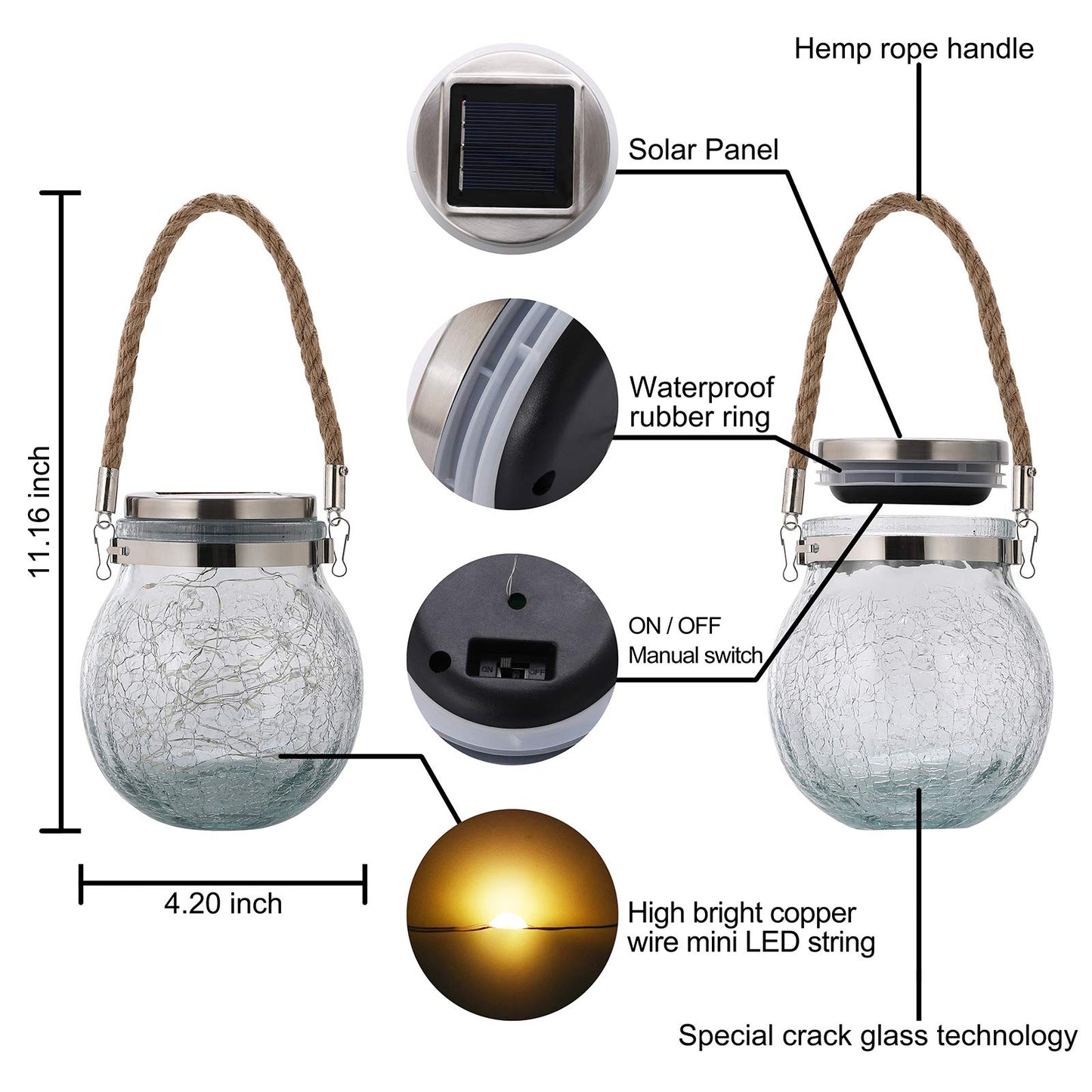 ivSunTEK Solar Hanging Lanterns Outdoor Waterproof, Decorative Cracked Glass Jar Table Lamp with 30 LED Warm White Lights for Garden Tree Courtyard