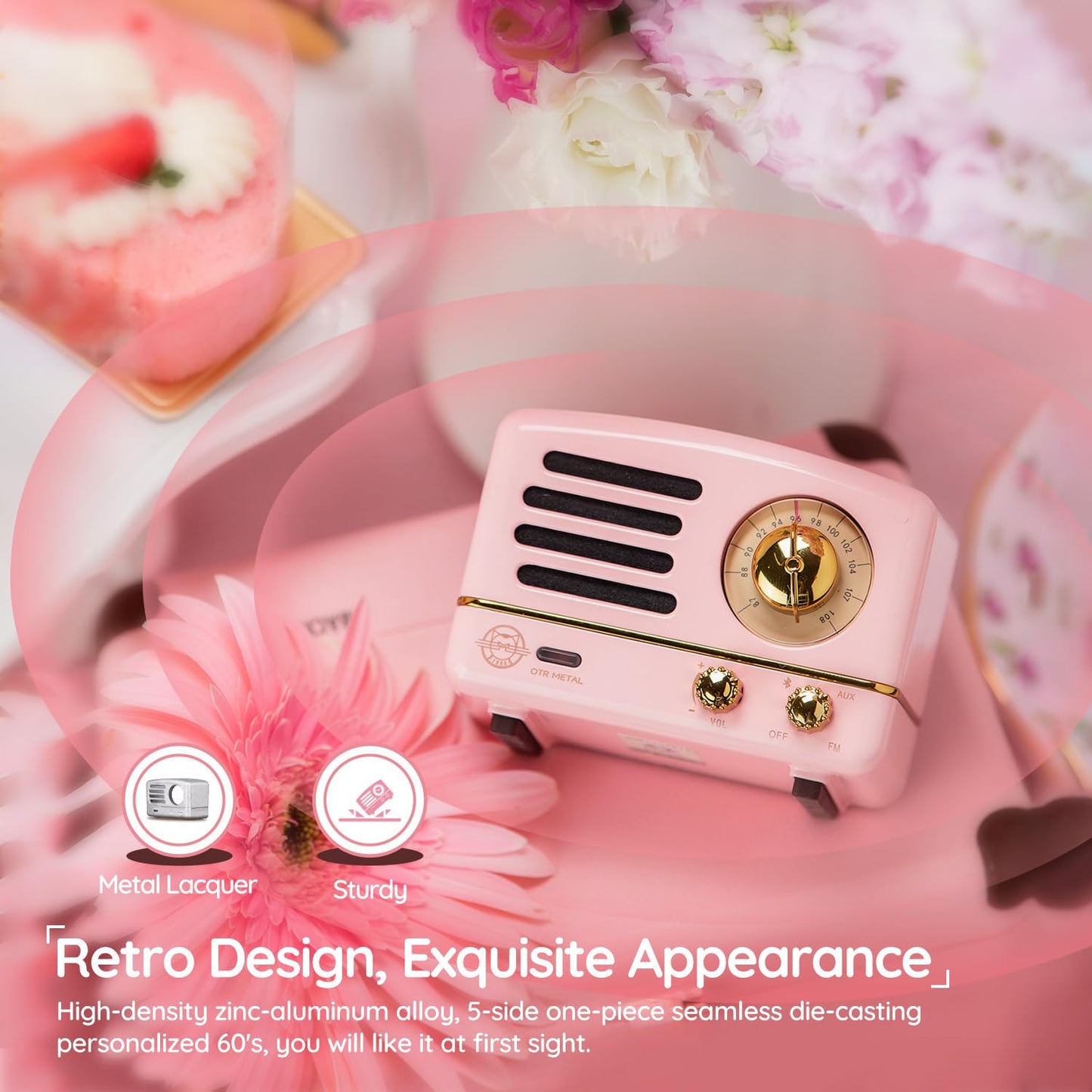Muzen Portable Bluetooth Speaker, OTR Metal Retro Small Wireless Speaker, FM Radio with Antenna AUX, 10h+ Long Playtime, High Fidelity Stereo Audio