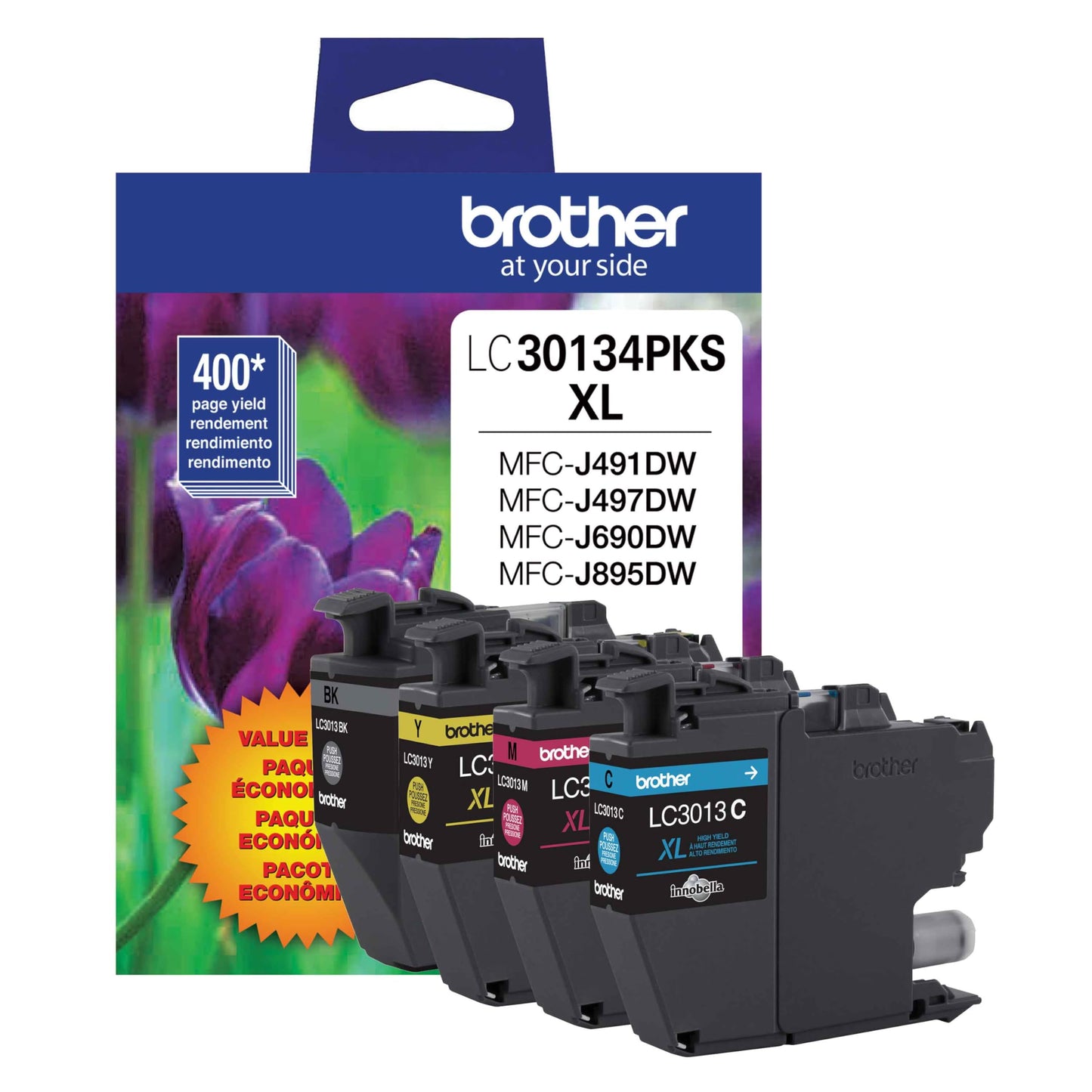 Brother Genuine LC30134PKS High-Yield Color Ink Cartridges, 4-Pack, Up to 400 Pages per Cartridge, Includes Black, Cyan, Magenta and Yellow