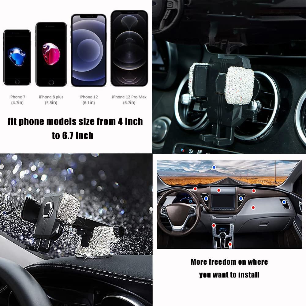 Bling Car Phone Mount Holder,Shiny Crystal Rhinestone Phone Stand for Women and Girls, Car Accessories for Windshield Dashboard,Compatible with Most