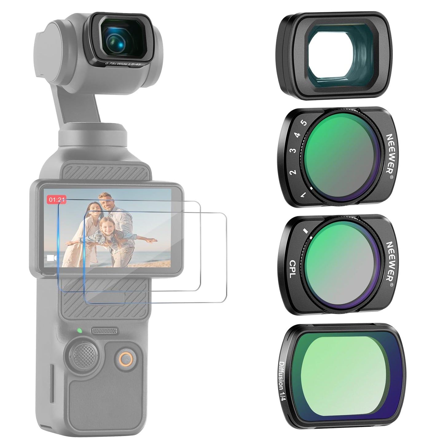 NEEWER Filter Set (3 Pack) with 0.75X Wide Angle Lens 108° FOV, Variable ND 2-32 CPL 1/4 Black Mist Diffusion Filter Compatible with DJI Osmo Pocket 3