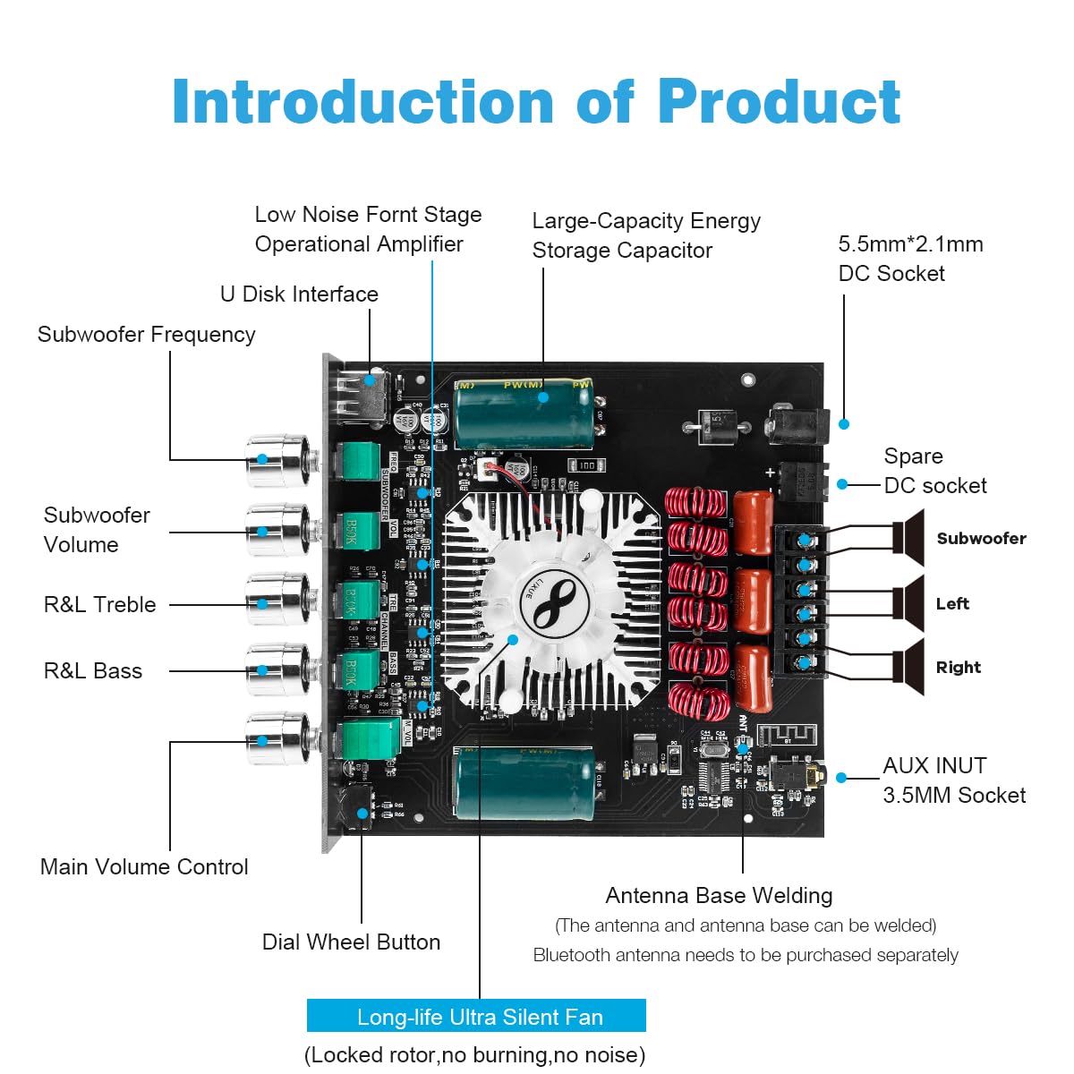 ZK-HT21 TDA7498E Bluetooth Amplifier Board 160W×2+220W Subwoofer 2.1 Channel Audio Receiver Power Amplifier Module with Treble and Bass Control