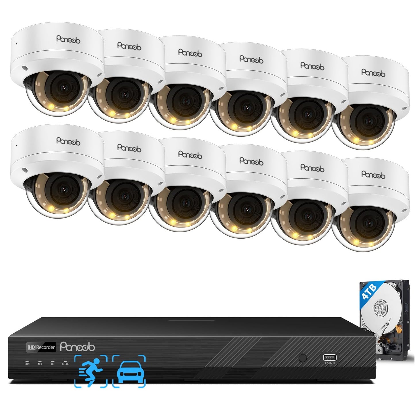 PANOOB 16 Channel Security Camera System, 12x 8MP IK10 Vandal Proof Dome Camera Outdoor, Human Vehicle Detection, Color Night Vision, 2 Way Audio 24-7