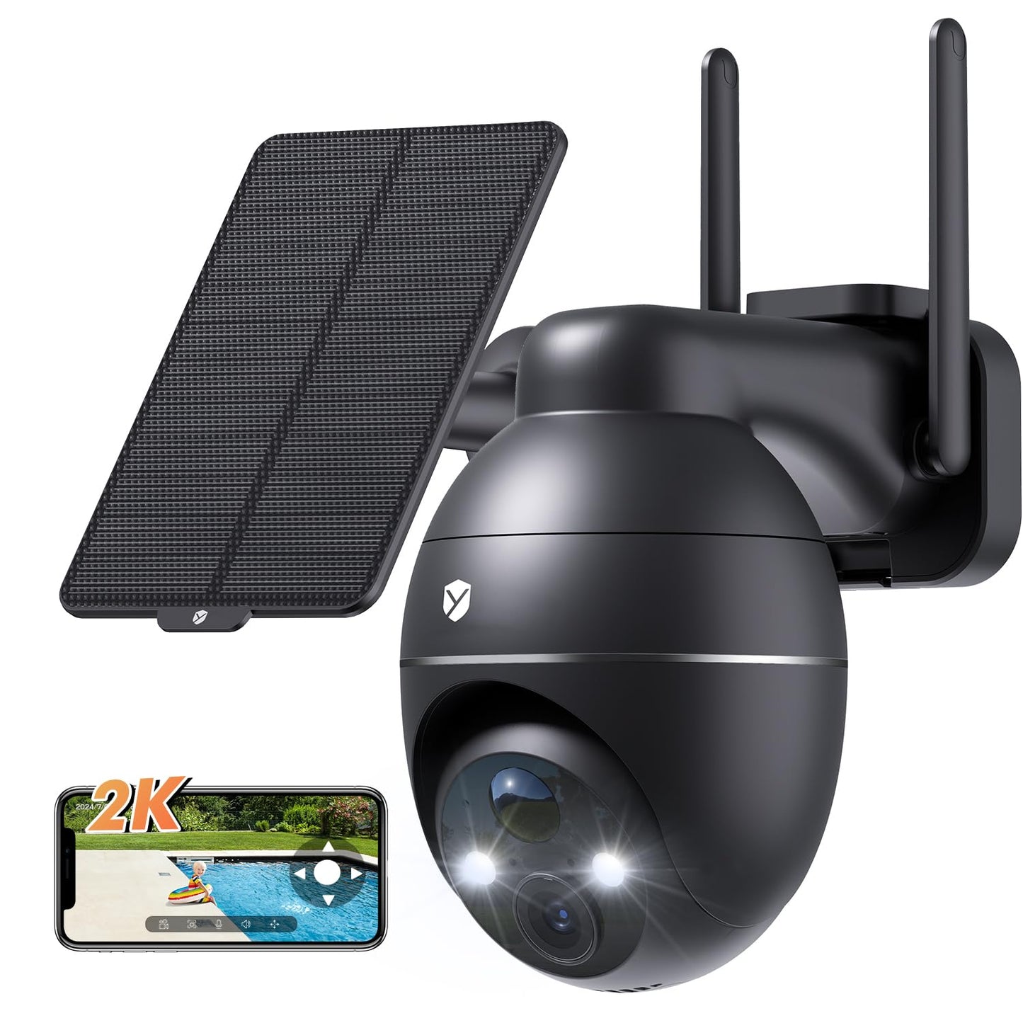 YuCamPro Solar Security Cameras Wireless Outdoor, 360° Panoramic View for Home Security, Rechargeable Batteries, 2K Color Night Vision, PIR Human